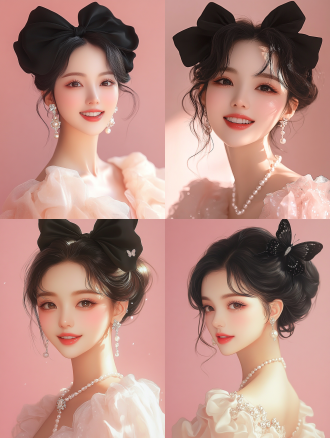 韩国美女，粉色背景，头戴大黑蝴蝶结黑发，珍珠耳环，穿珍珠钻石可爱裙，微笑，程小榕风格，特写，柔和光，甜美，3:4画幅，nij6 。