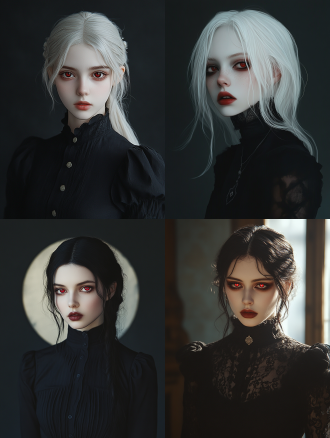 善良少女黑化，居中构图，暗黑背景，哥特风服饰，冷白皮肤，红眸，插画风格，暗色调，逆光，神秘，邪恶氛围。