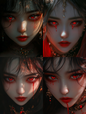 疯批美女特写，钻石眼睛流红色眼泪，精致妆容配珠宝。暗色调，冷光，高光对比，悲伤表情，神秘忧郁氛围。