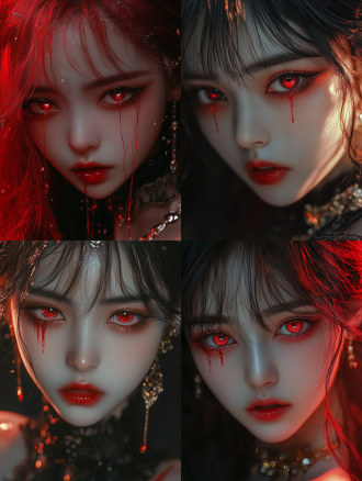 疯批美女特写，发丝凌乱，钻石眼与红泪，精致妆容配珠宝，暗调冷光，高光对比，悲伤表情，神秘忧郁氛围。