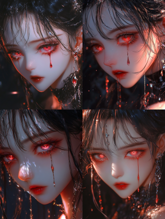 疯批美女特写，发丝凌乱，钻石眼与红泪，精致妆容配珠宝，暗调冷光，高对比，插画风，悲伤神秘忧郁。