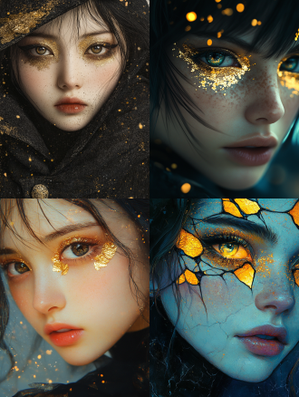 少女金箔眼影，马克笔勾勒岩彩点缀，怪诞梦幻意境，特写渲染，8k画质，yeoniu choi与audrey kawasaki风格，颗粒朦胧感。