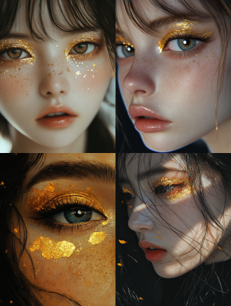 少女金箔眼影，马克笔勾勒岩彩点缀，特写渲染，复古现代交织，暗黑梦幻氛围，8k画质，yeoniu choi与audrey kawasaki风格。