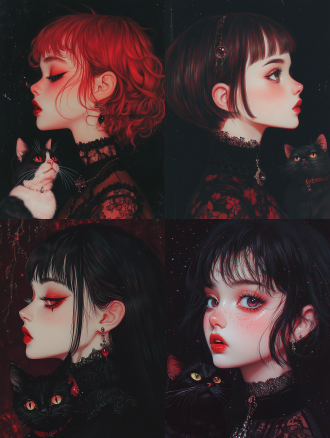 超现实彩铅手绘短发少女与胖猫半身像，斜侧构图，动态模糊、过曝，有丁达尔光效，彩色的黑，优雅迷人，充满创意与故事感，8k画质。