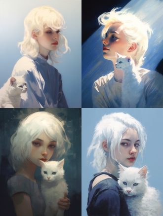 白发少女45度仰脸望天空，旁有圆脸猫猫，蓝色背景，五官特写，逆光极致光影，笔刷画，复古做旧，极简，虚焦颗粒朦胧。