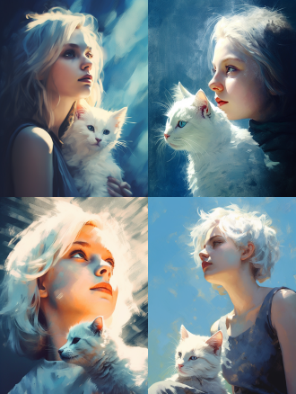 白发少女与圆脸猫猫五官特写，45度仰天空，蓝色背景，逆光极致光影，笔刷画，复古做旧，虚焦颗粒朦胧，极简风。