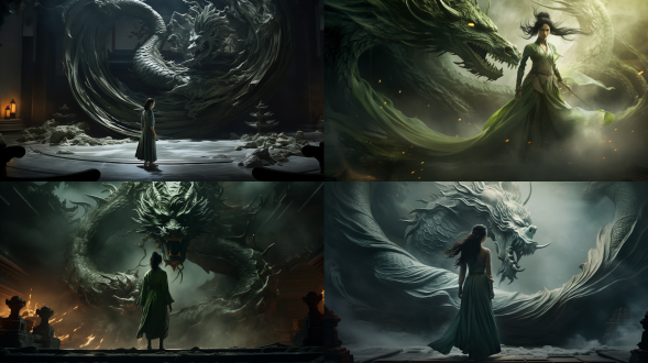 中式三维水墨风格概念光影画面，黑发灰衣女仙背影手拿神龙鞭，青龙盘旋，庙宇之上，垂直构图，32k，电影光，魔幻感，故事性。