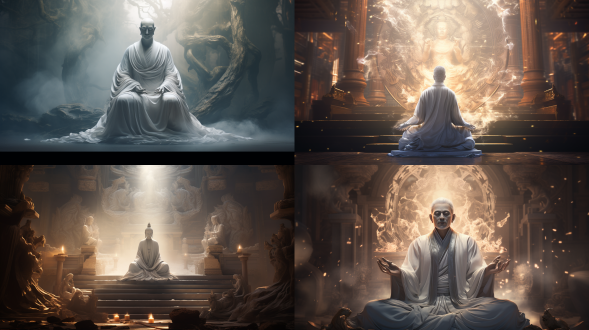 中式三维古风场景，白发仙人打坐，轻纱白衣，五官端正，巨大法相，庙宇中，垂直构图，32k，电影光，幻雾感，静谧。