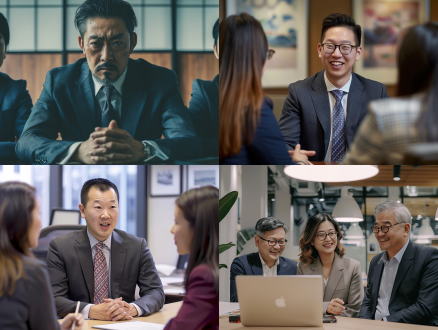 三亚洲人办公室开会，西装男等外貌特征，对称构图，冷色调，自然光，中焦镜头，讨论，办公桌，专注，商务。