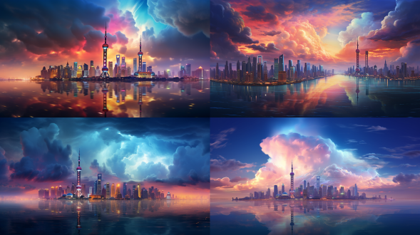 七色云彩、夜景绚丽灯光、上海市、地平线、繁华、科技感