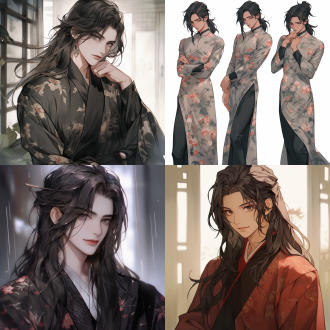 帅气男生全身像，长发黑发，韩漫风格，穿开衩旗袍，神情温柔，正立构图，柔和光线，彩色，细腻笔触，优雅气质。