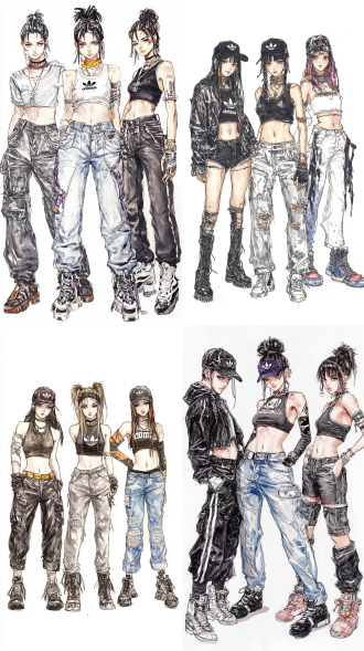 四套adidas走秀套装四张图，手绘画风，黑灰皮质阔腿牛仔，有标志，街头涂鸦，高分辨率，对角线构图，暖光，时尚。