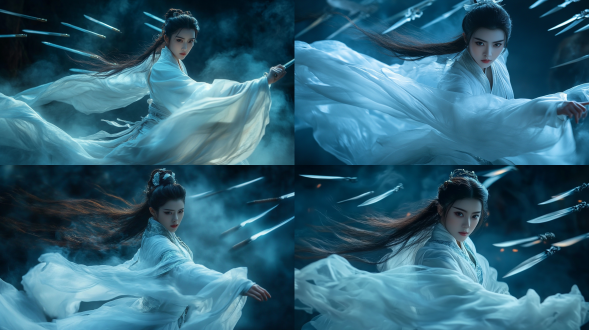 亚洲古风女修仙者白衣舞剑，侧面，中景，很多飞剑悬浮空中，蓄势待发，超高清，高细节，特写镜头，逆光，冷色调，飘逸。
