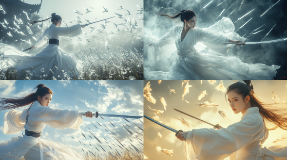 亚洲古风女修仙者白衣舞剑，侧面远景，很多飞剑悬浮空中，蓄势待发，超高清，高细节，特写镜头，逆光，冷色调，飘逸。