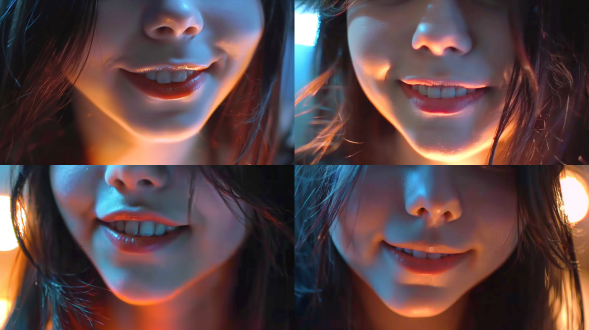 正面鼻子到下巴极致特写镜头，精致五官微笑，正面视角，蓝色柔光灯橙色背景光，电影灯光，优雅祥和。