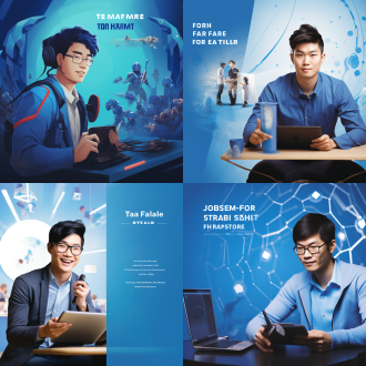 招聘会宣传海报，页面中间留白，亚洲男游戏主播边打游戏边直播，画面简洁，蓝色科技风，侧面光，长焦镜头。