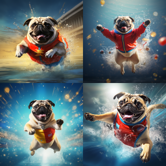 八哥犬跳水夺金，中国国旗运动装，水花四溅，领奖台，金色奖牌，正面镜头，高光照明，动感十足，骄傲表情，红蓝白配色，激动人心。