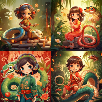 2025年生肖蛇卡通形象，中心构图，背后竹子装饰，传统元素，眼神友善憨态可掬，明亮柔和光，高细节，暖色调，可爱。