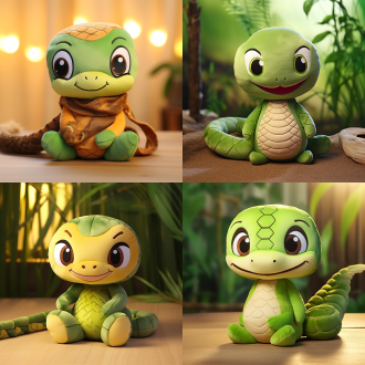 2025年生肖蛇卡通小公仔，竹子背景，眼神友善憨态可掬，正面构图，明亮柔和光，低饱和度色彩，可爱风格。