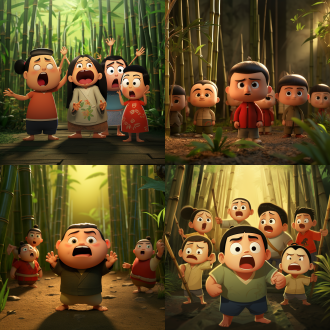 《蜡笔小新》人物在竹林花园里，有愤怒哭泣惊讶表情，可爱表情包，8k高对比度，对角线布局，暖色调，中焦镜头，侧光，静态。