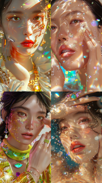 极致特写镜头下的亚洲美女，杏仁眼+天鹅颈东方美学，双手涂抹金色精华液的动态瞬间，透亮水光肌呈现次表面散射光泽，皮肤纹理清晰可见；佩戴彩宝项链，耳钉与戒指折射彩虹光斑，飞溅的鎏金护肤精华凝固成琥珀微粒，霓虹珠宝投影在肌肤形成赛博纹路，高饱和度香槟金（#ffd700）与珍珠白（#f5f5f5）碰撞祖母绿（#004b49），45°轮廓光突出皮肤通透感，钻石切面与毛孔细节超写实，漂浮的半透明植物细胞结构背景，虚幻引擎渲染风格，强烈光影对比