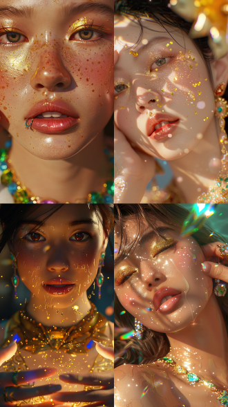 极致特写镜头下的亚洲美女，杏仁眼+天鹅颈东方美学，双手涂抹金色精华液的动态瞬间，透亮水光肌呈现次表面散射光泽，皮肤纹理清晰可见；佩戴彩宝项链，耳钉与戒指折射彩虹光斑，飞溅的鎏金护肤精华凝固成琥珀微粒，霓虹珠宝投影在肌肤形成赛博纹路，高饱和度香槟金（#ffd700）与珍珠白（#f5f5f5）碰撞祖母绿（#004b49），45°轮廓光突出皮肤通透感，钻石切面与毛孔细节超写实，漂浮的半透明植物细胞结构背景，虚幻引擎渲染风格，强烈光影对比