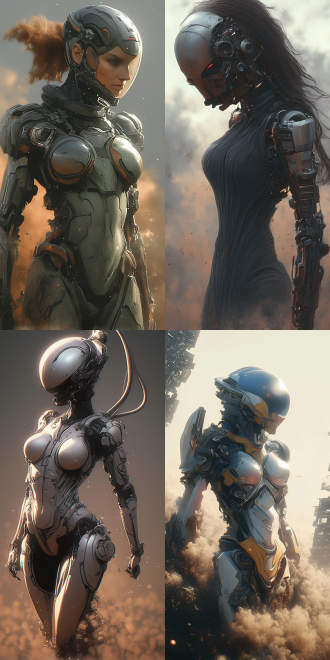 女武神机甲，女性外骨骼机甲，夸张的形体动作，科技图案布满机甲，高级质感，暗色调，细节清晰，正面光，长焦镜头，静态，冷峻。美女机甲战士，烟雾弥漫的未来科幻世界，高挑身材，金属质感装甲，冷峻表情，城市废墟背景，广角镜头，高光对比，硬光，动态姿势，银蓝色调，力量感。