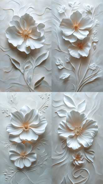 原创现代抽象白色立体花卉装饰画，中心构图，简约空间里，冷色调，正面光打在画上，静态画面，花卉元素逼真，高相似度。