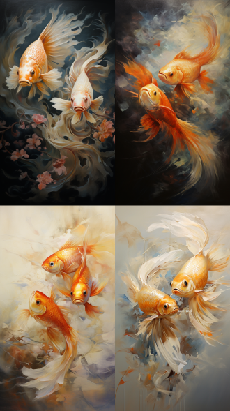 双鱼装饰画，居中构图，手绘油画风格，质感强，侧面镜头，柔和光，细节丰富，自然色彩，奔跑姿态，宁静优雅，艺术感超强，油画布纹理。