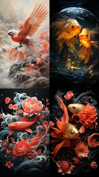 双鱼装饰画，居中构图，手绘油画风格，质感强，侧面镜头，柔和光，细节丰富，自然色彩，鱼呈奔跑姿态，宁静优雅，艺术感超强，鱼跃龙门。