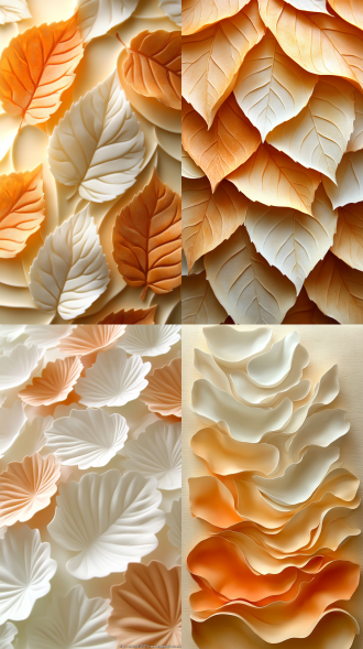 现代装饰浮雕艺术风格，叶子形状，色彩为柔和暖色调，具立体浮雕质感，叶片密集排列相互堆叠，营造温馨自然且优雅精致氛围，边缘波浪自然，纹理细腻有凹凸，叶子大小一致，平铺图案。