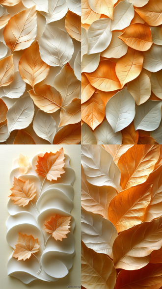 现代装饰浮雕艺术风格，叶子形状，色彩为柔和暖色调，具立体浮雕质感，叶片密集排列相互堆叠，营造温馨自然且优雅精致氛围，边缘波浪自然，纹理细腻有凹凸，叶子大小一致，平铺图案。