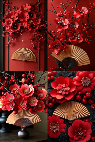 中式纸艺风格，中心构图，红色立体纸艺花朵盛开，搭配圆润红色浆果与黑色枝干，棕色折扇纹理细腻置于中心，疏密有致营造喜庆吉祥且典雅精致氛围，花朵花瓣花蕊、折扇扇面等细节精致。