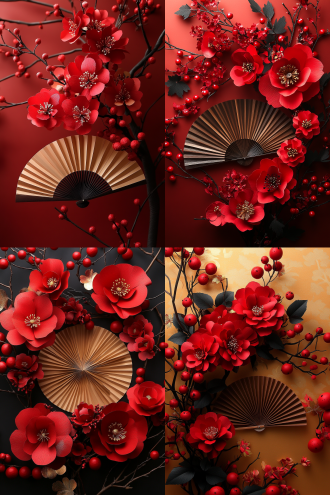 中式纸艺风格，中心构图，红色立体纸艺花朵盛开，搭配圆润红色浆果与黑色枝干，棕色折扇纹理细腻置于中心，疏密有致营造喜庆吉祥且典雅精致氛围，花朵花瓣花蕊、折扇扇面等细节精致。