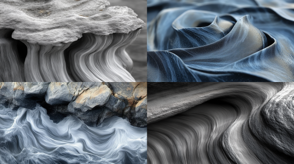 3d渲染灰调流动纹理，自然起伏交织，似岩石流体，细腻动态，细节丰富，高分辨率，艺术感与冲击力，顶光，高对比度。