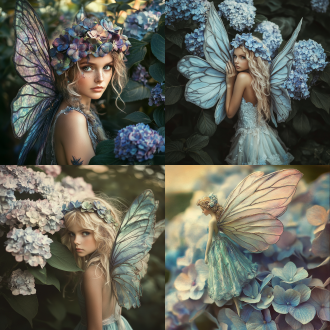 特写的绣球照片，花仙子张开翅膀站立在花的边沿，写真，照片。