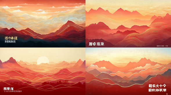 红色，浮雕效果，敦煌壁画，山水，祥云，金色，橙色，金色线条，流动