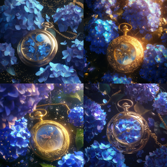 vintage golden pocket watch with intricate engravings, surrounded by clusters of vibrant blue hydrangeas, dripping morning dew, hyper-detailed 3d render, cinematic lighting with soft spotlight, black velvet background with floating pollen particles, 8k ultra hd, surreal botanical fantasy, octane render, trending on artstation