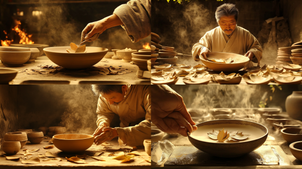 李师傅把木叶天目盏放入窑炉内，烈焰燃烧，木叶天目盏静静躺在其中，承受着高温的洗礼。火焰肆意舔舐着陶土与桑叶，。炽热的温度使得窑炉内热气腾腾，一片朦胧