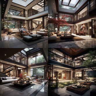 以下是根据“中式、别墅、客厅、挑空、落地大玻璃”关键词设计的概念方案，融合传统意境与现代居住需求：