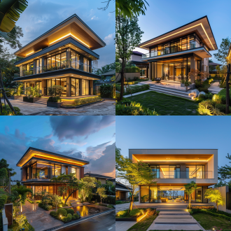 二层现代自建房别墅，居中构图，花园景观环绕，暖黄调，超广角镜头，顶光，远景，清新，惬意。