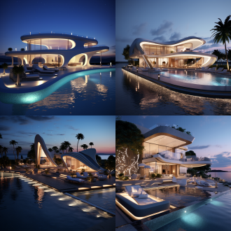 别墅设计，无边际泳池，游艇，墙面灯光，异形造型点缀