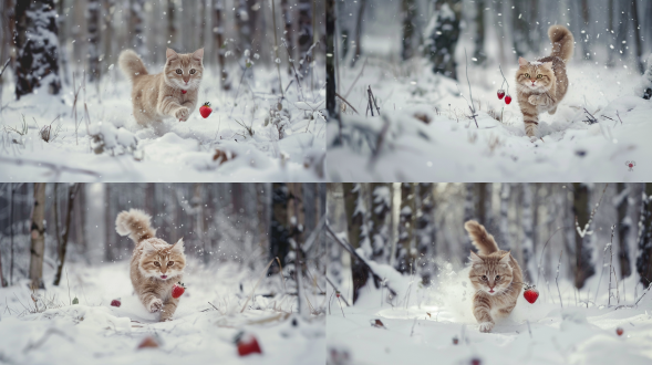 草莓和猫在雪林奔跑，中心构图，冷色调雪景，猫毛发蓬松，表情兴奋，长焦镜头拍摄，顶光下有动态模糊，活泼灵动。
