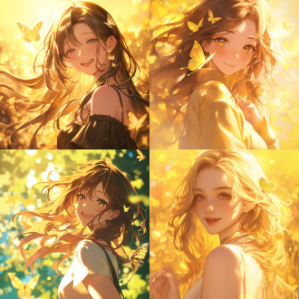 长发美女开心表情上半身特写，背景金色蝴蝶，三分法构图，亮环境，长焦逆光，暖色调，阳光氛围。