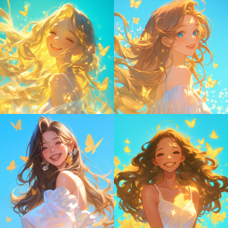 长发美女上半身，开心阳光表情，背景金色蝴蝶、蓝色背景，三分法构图，长焦特写，亮环境逆光，暖色调，愉悦。