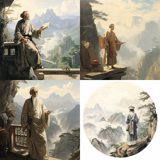 一位身着古装的文人墨客，手持折扇，站在远处山脚下观景台上，微仰着头，目光沉醉，正望向香炉峰上的景象。