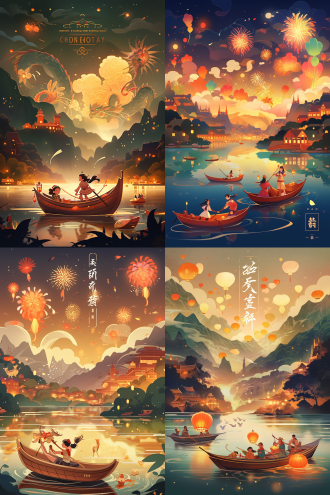 2025中国中秋海报插画，蜿蜒大河上众人划龙舟，背景山川，烟花点缀，白天，对角线构图，高分辨率，暖色调，欢快热闹。