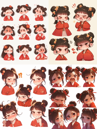一个可爱的小女孩 穿着红色汉服 国风 扎着双丸子头 做着各种表情 开心的 伤心的 生气的 难过的 夸张表情 白色背景 插画 可爱风格 国风 贴纸艺术设计 精细设计 超高清 8k q版 迪士尼风格 9宫格排列