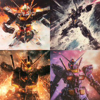 高达帅气战斗动作，动态对比强烈，插画风大笔触，眼睛发光发散，战斗痕迹明显，精细刻画，电影灯光，背景虚化。