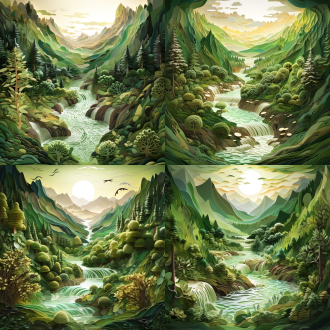 绿色，纸质插画：2，3d浮雕，3k高清，茂密的森林，清澈小溪在山涧蜿蜒，野兽在溪边饮水